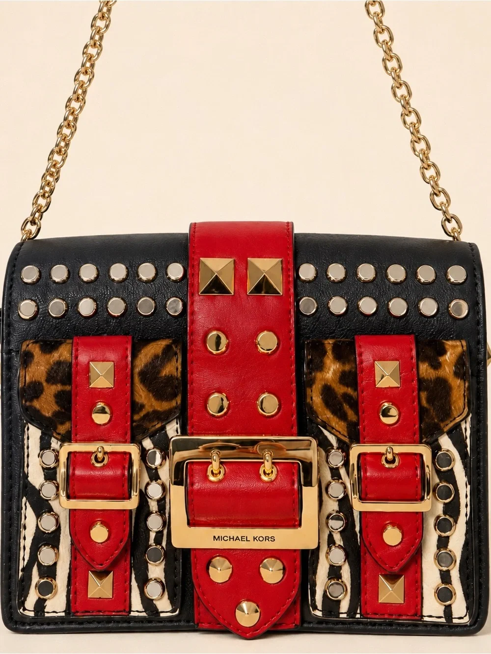 Michael Kors Studded Animal Print Chain Crossbody Bag Red Black